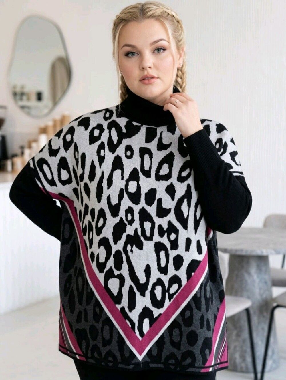 🩵NWT Joseph A Leopard Cheetah Turtleneck Oversized Poncho Sweater Large